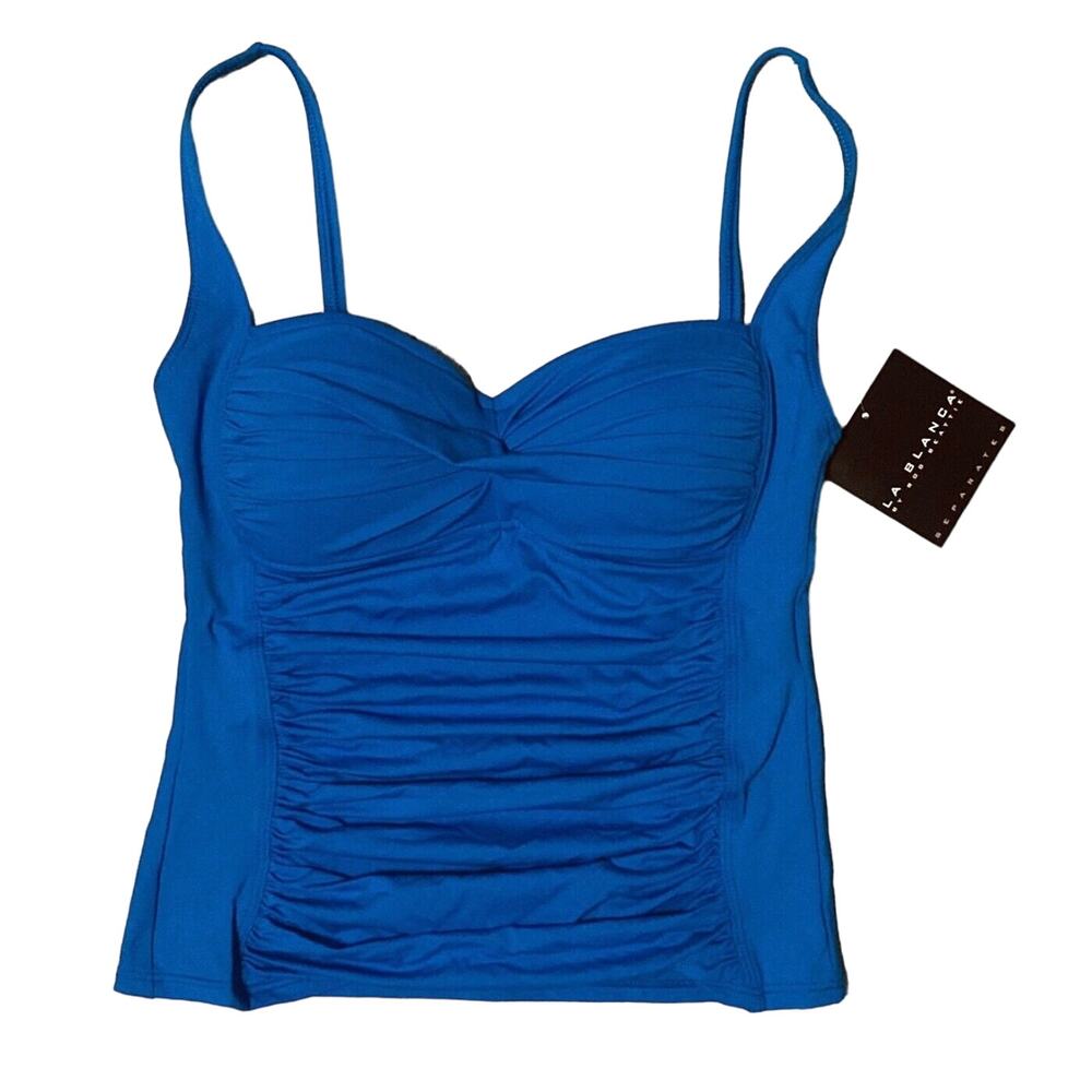 LA BLANCA sz 4 Swim Tankini Top Ruched Twist Tummy Control Lounge Wear Blue